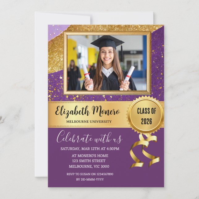 Convite de Foto de Formatura em Dourado Roxo (Frente)