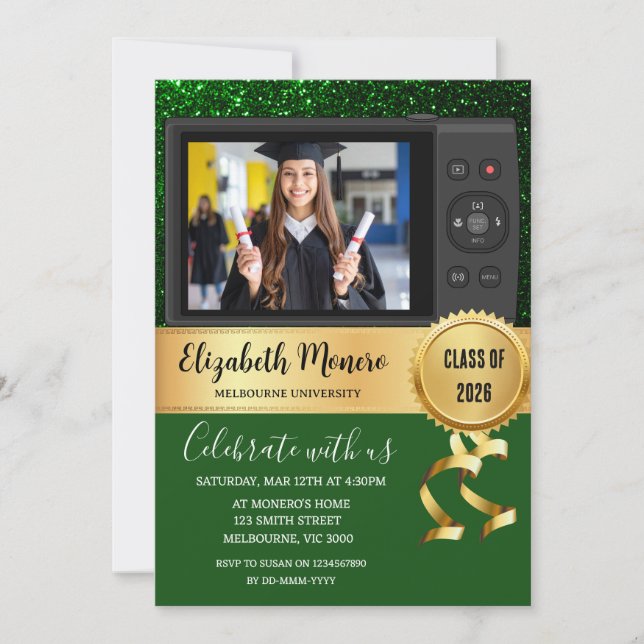 Convite de Foto de Formatura em Ouro Verde (Frente)