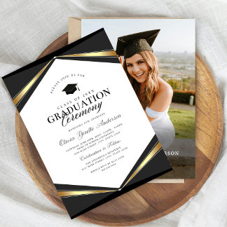 Convite de Foto de Formatura Preto e Dourado Elega