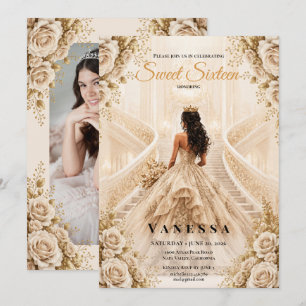 Convite de foto de princesa sweet 16 Bege e Dourad
