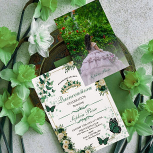 Convite de Foto de Quinceañera Borboleta Verde Esm