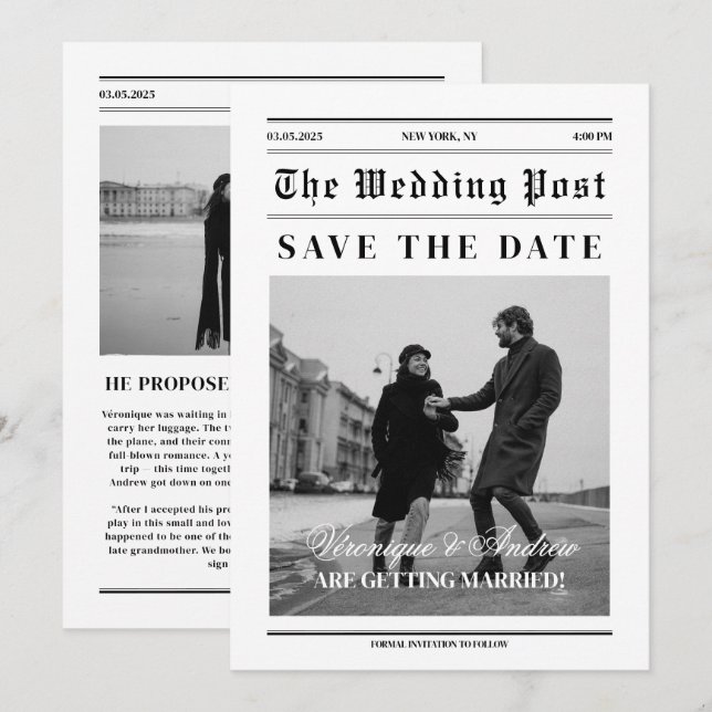 Convite de Foto de Save the Date no Estilo Jornal (Frente/Verso)