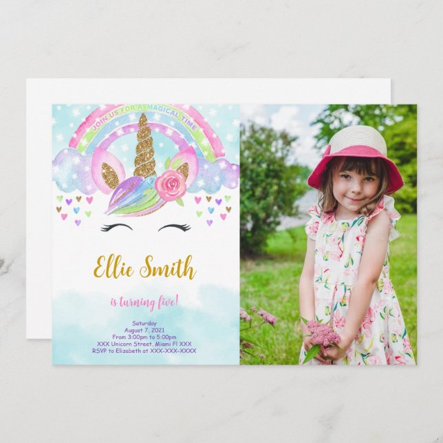 Convite de Foto de Unicórnio Mágico em Aquarela (Frente/Verso)