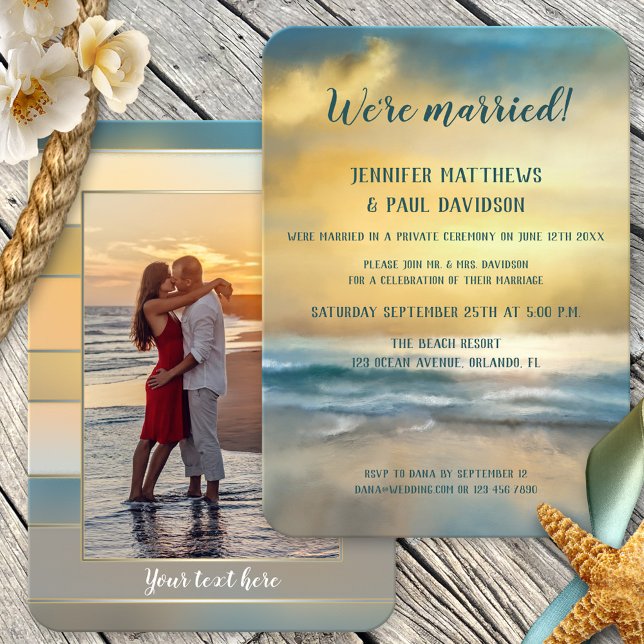 Convite de Foto do Recepção de Casamento ao Pôr do (Wedding reception only, post or after wedding invitation featuring a painting of a beach at sunset)