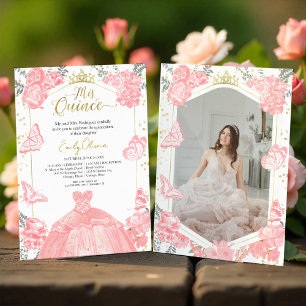 Convite de Foto dos Meus Quinze Anos Floral Rosa c