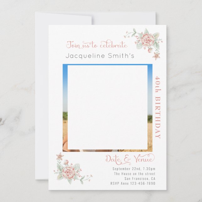 Convite de Foto Floral de aniversário de 40 anos (Frente)