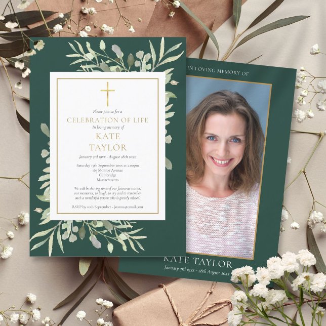 Convite de Foto Funeral Celebração da Vida Esmeral (Emerald Celebration of Life Funeral Photo Invitation)