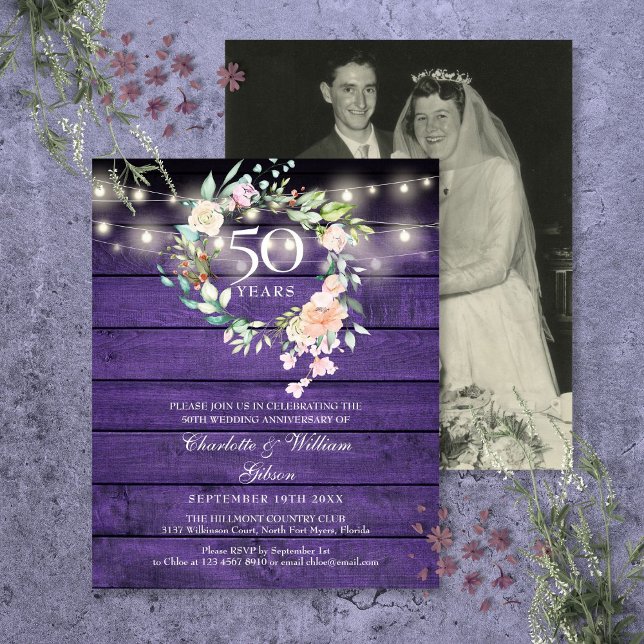 Convite de Foto para 50 anos de Madeira Floral (Budget Floral Wood 50th Anniversary Photo Invite)