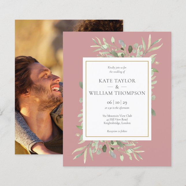 Convite de Foto para Casamento Budget Greenery Ros (Frente/Verso)