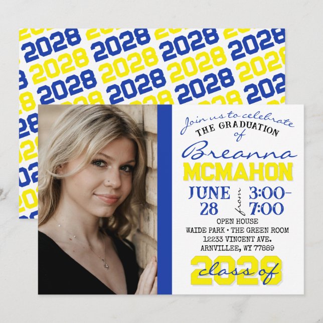 Convite de Foto para Graduação Azul, Amarelo e Bra (Frente/Verso)