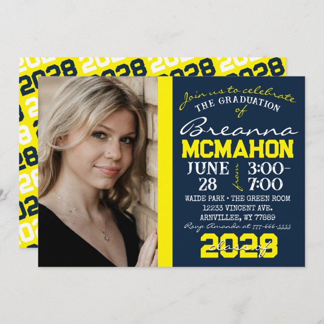 Convite de Foto para Graduação Azul e Amarelo do m (Frente/Verso)