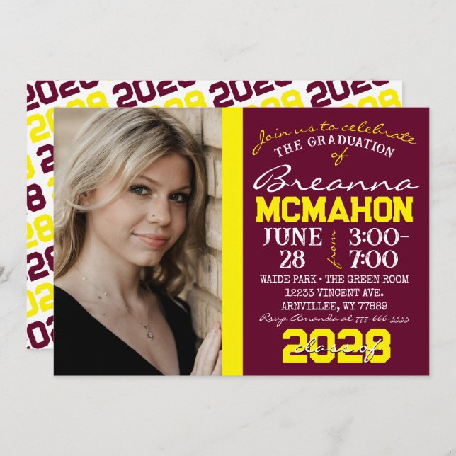 Convite De Foto Para Graduação Burgundy E Yellow (Frente/Verso)