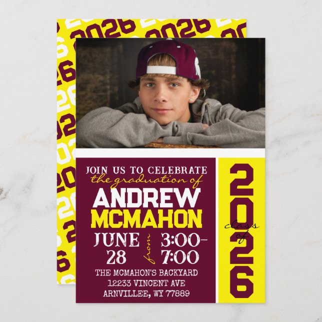 Convite De Foto Para Graduação Burgundy E Yellow (Frente/Verso)