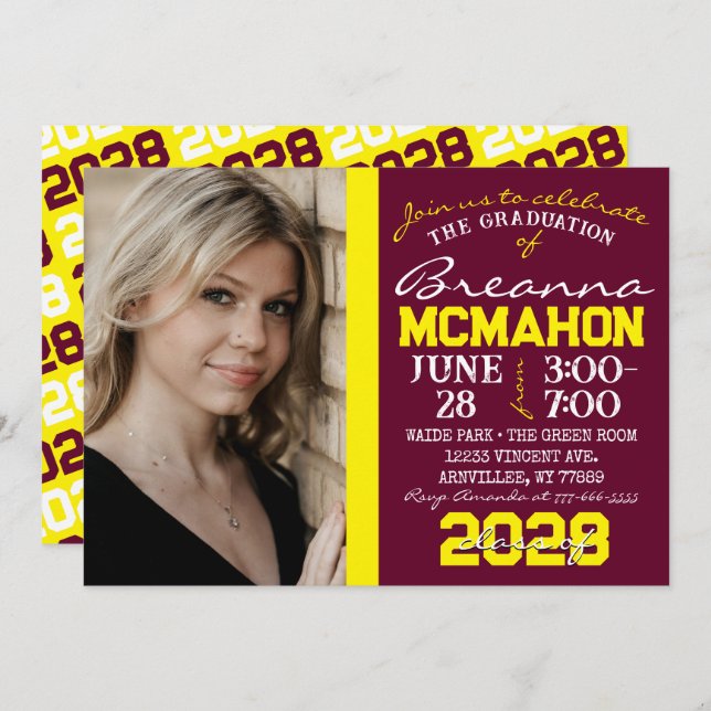 Convite De Foto Para Graduação Burgundy E Yellow (Frente/Verso)