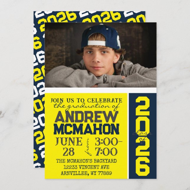 Convite de Foto para Graduação Moderna Amarelo e M (Frente/Verso)