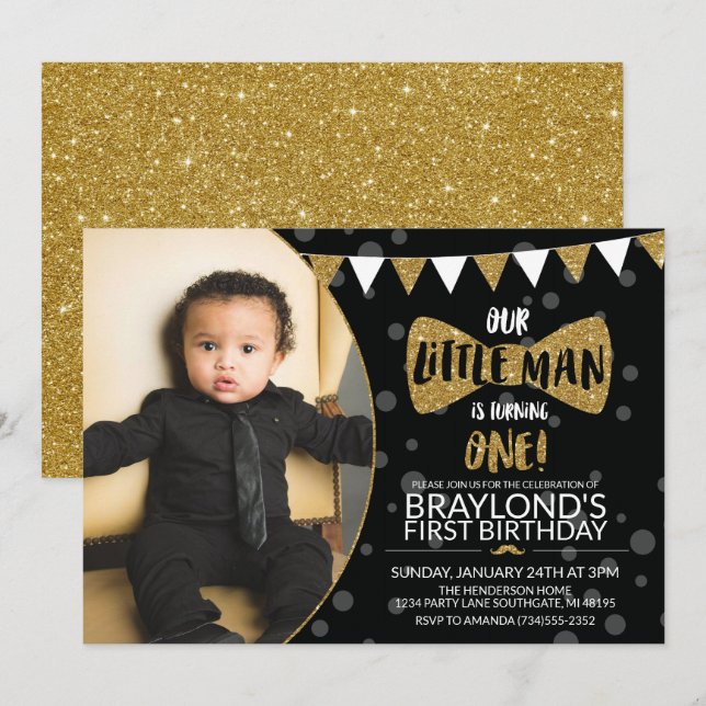 Convite de Foto Preto e Dourado Little Man (Frente/Verso)