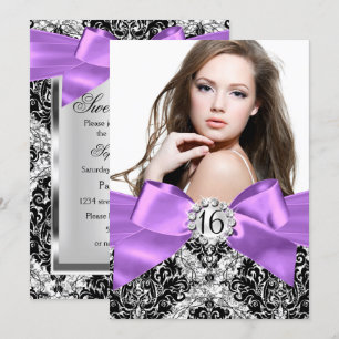 Convite de Foto Sweet 16 Glitter Damask & Laço Rox