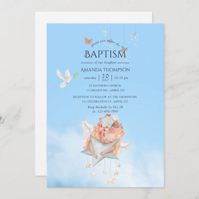 Convite De Fotografia De Angel Baptism Para Garota (Frente/Verso)