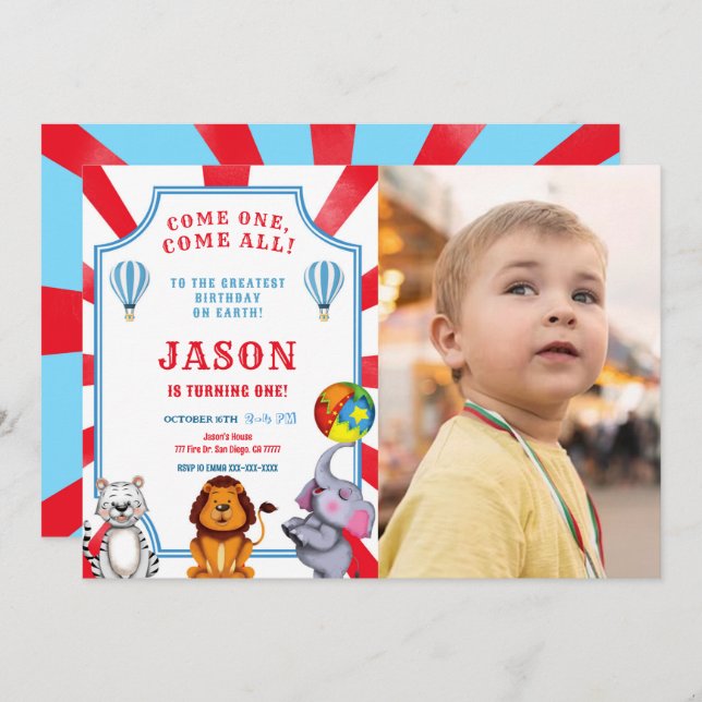 Convite de Fotografia de Circo Vermelho e Azul (Frente/Verso)