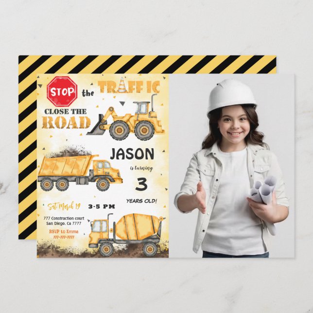 Convite de Fotografia de Construção Amarelo e Pret (Frente/Verso)