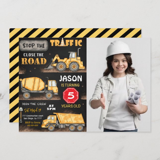 Convite de Fotografia de Construção em Preto e Ama (Frente/Verso)