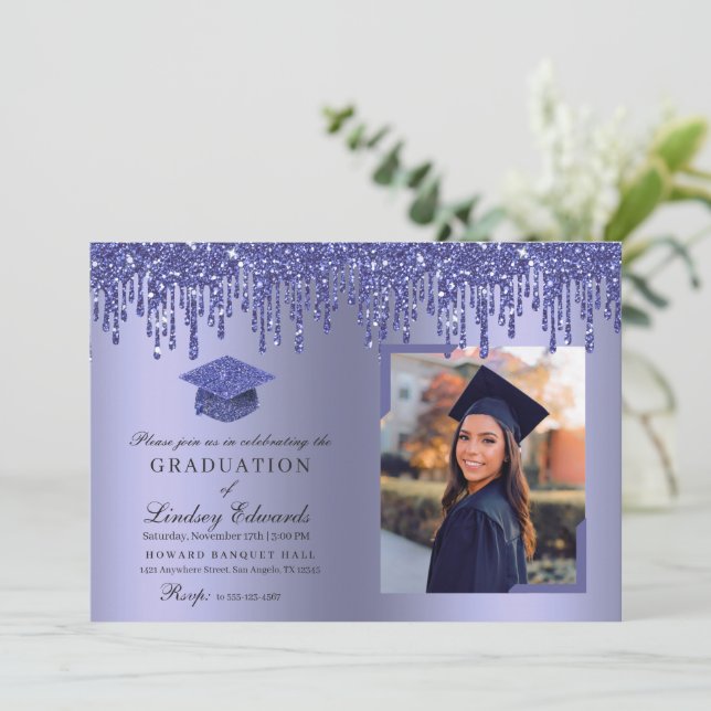 Convite De Fotografia De Graduação Azul Com Glitte (Em pé/Frente)