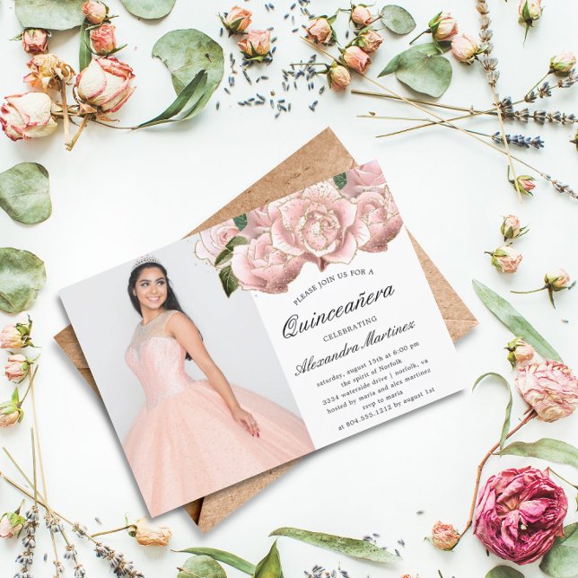 Convite De Fotografia De Quinceanera Floral Cor-De (Criador carregado)