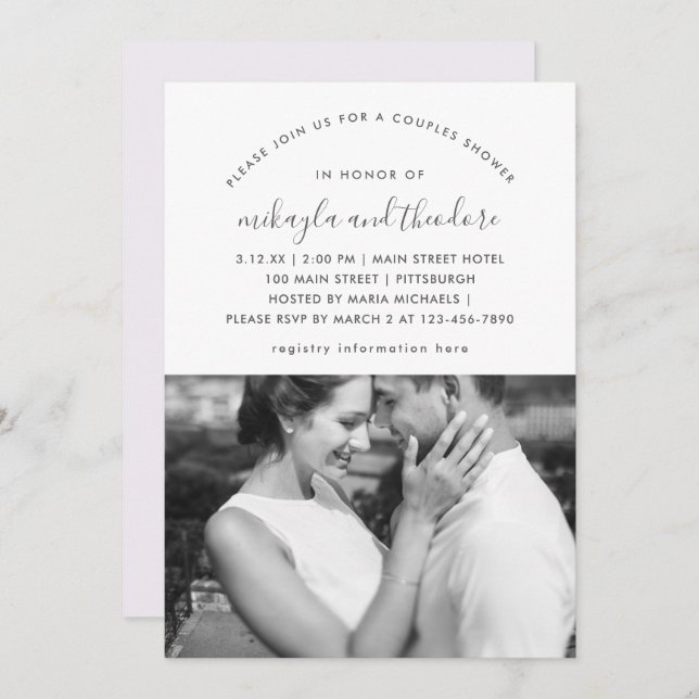 Convite de Fotografia do Chá Casal Púrpura Pastel (Frente/Verso)