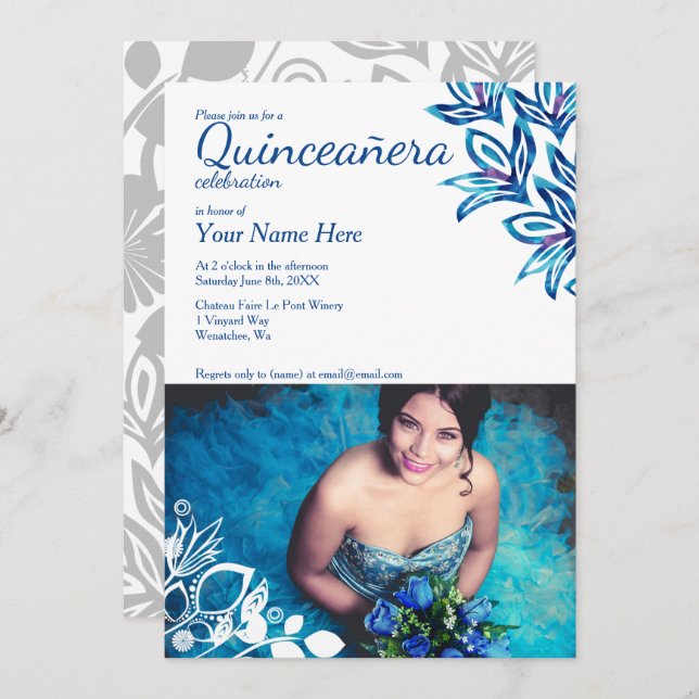 Convite de Fotografia Floral de Quinceañera Azul e (Frente/Verso)