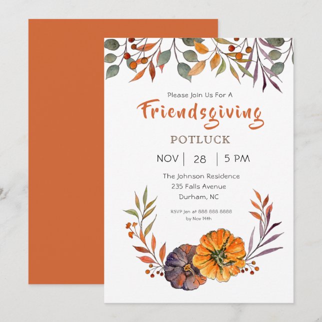 Convite de Friendsgiving de folhas de outono e abó (Frente/Verso)