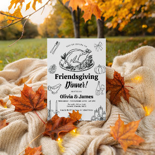 Convite de Friendsgiving em Linha de Arte Preta e
