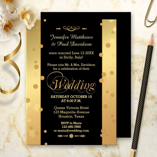 Convite de fuga para confetes ou festa após o casa (Post wedding reception invitation in gold and black with festive confetti sparkles)