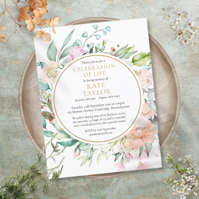 Convite de Funeral de Celebração Floral da Vida (Floral Celebration of Life Funeral Invitation)