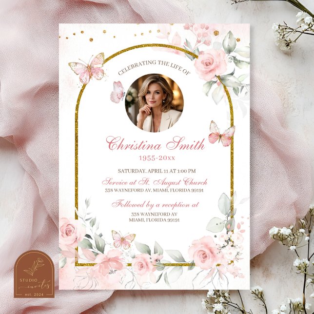Convite de Funeral Floral Elegante Rosa Borboleta (Criador carregado)