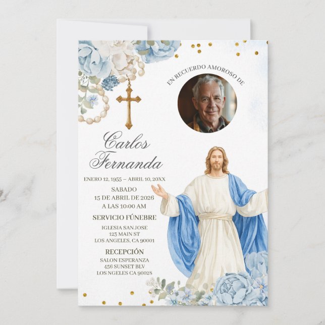Convite de Funeral Jesus Azul e Dourado (Frente)