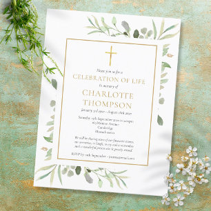 Convite de Funeral Memorial Greenery Gold Cross