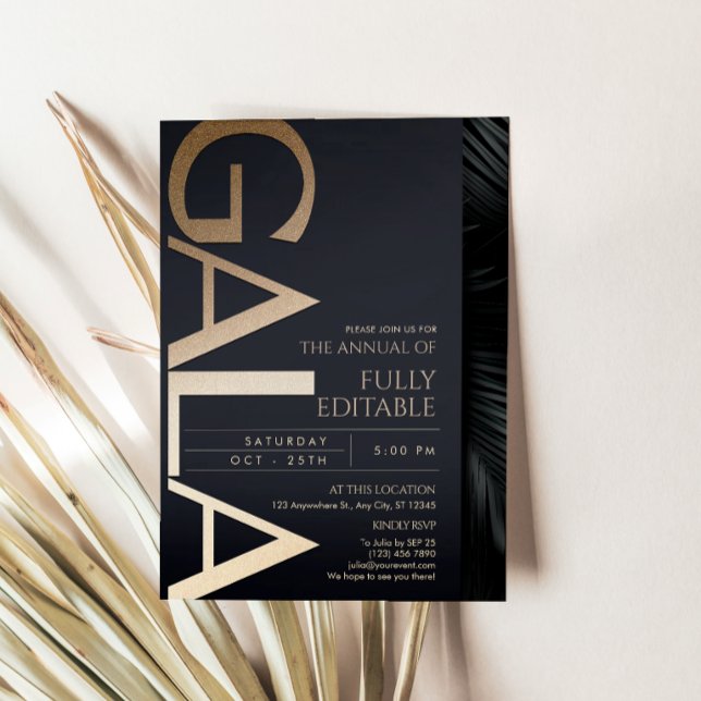 Convite de Gala Preto e Dourado Moderno (Modern Black and Gold Gala Invitation Card Template)