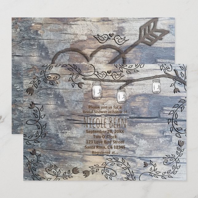 Convite de Galho Rústico com Pássaros e Potes de M (Frente/Verso)