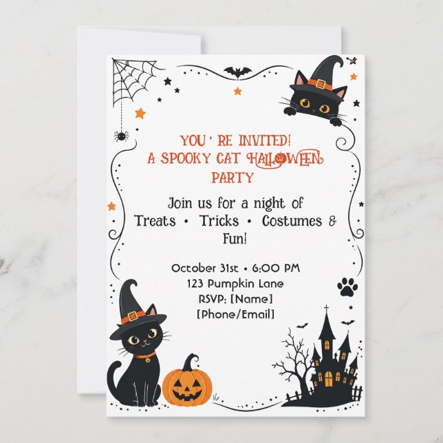 Convite de Gato de Halloween Design de Volta | Ass (Frente)
