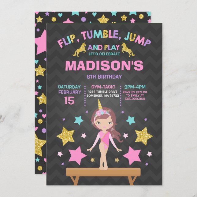 Convite de Ginástica Unicórnio Festa de Ginástica (Frente/Verso)