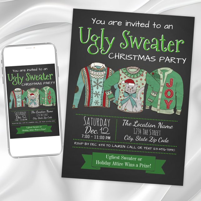 Convite de Giz de Natal para Festa de Suéter Feio (Ugly sweater Christmas party invitation. Instant download and printed invitations available.)