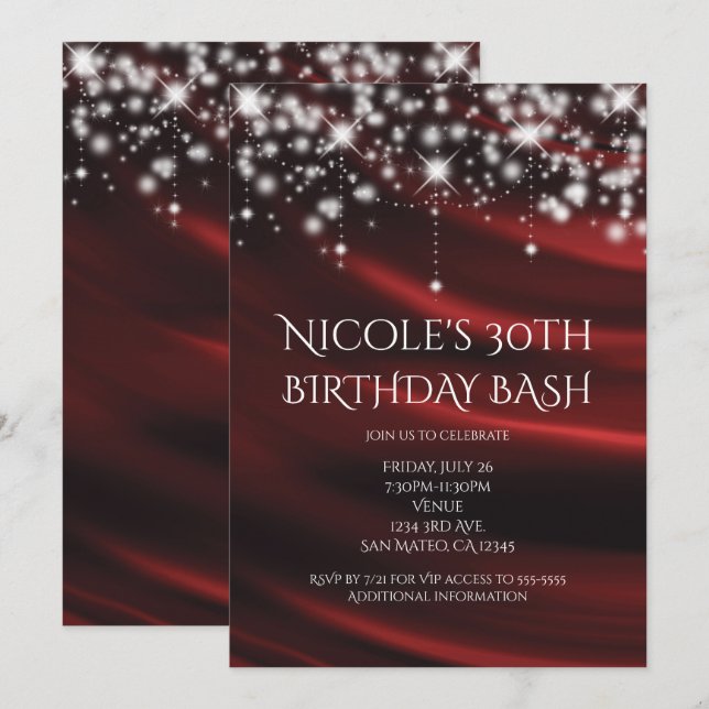 Convite de Glamour Vermelho de Seda e Brilho Doura (Frente/Verso)