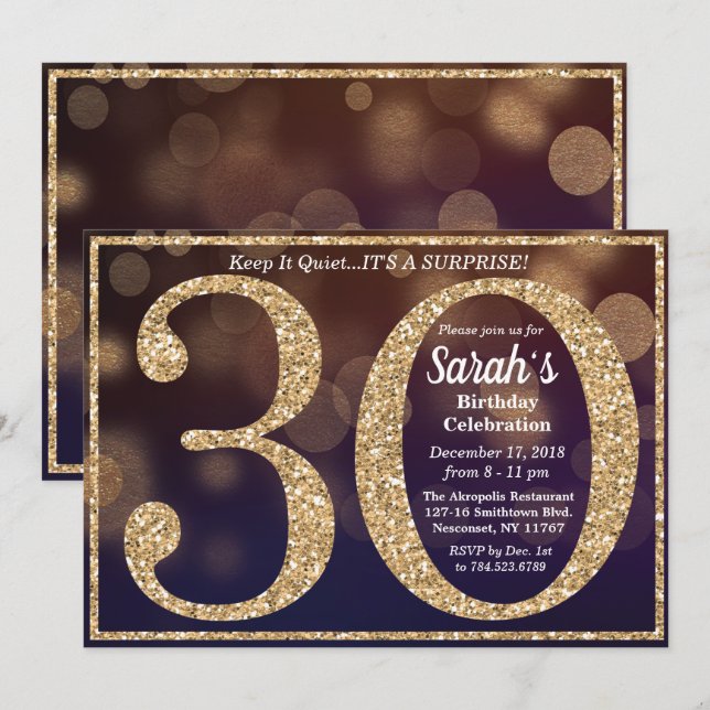 Convite de Glitter de Aniversário de 30 Anos (Frente/Verso)