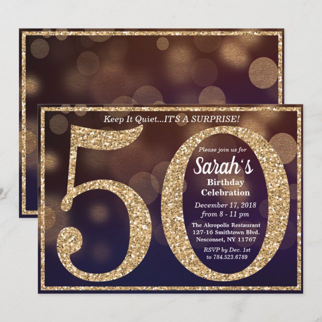 Convite de Glitter para Aniversário de 50 Anos (Frente/Verso)