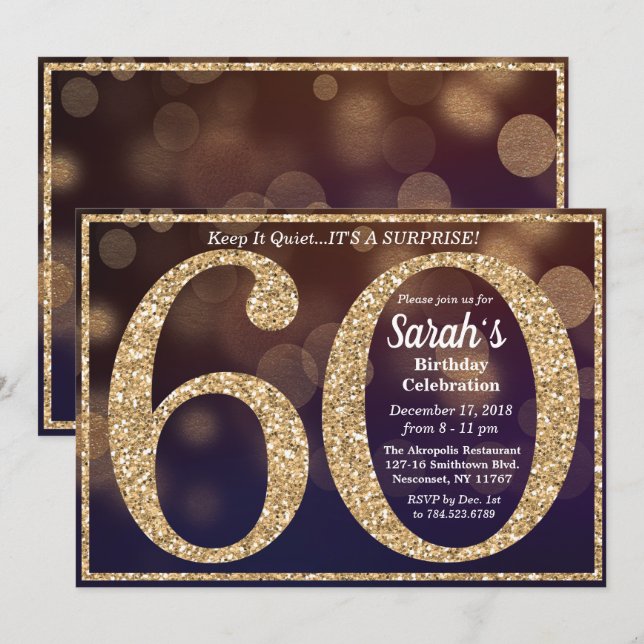 Convite de Glitter para Aniversário de 60 Anos (Frente/Verso)