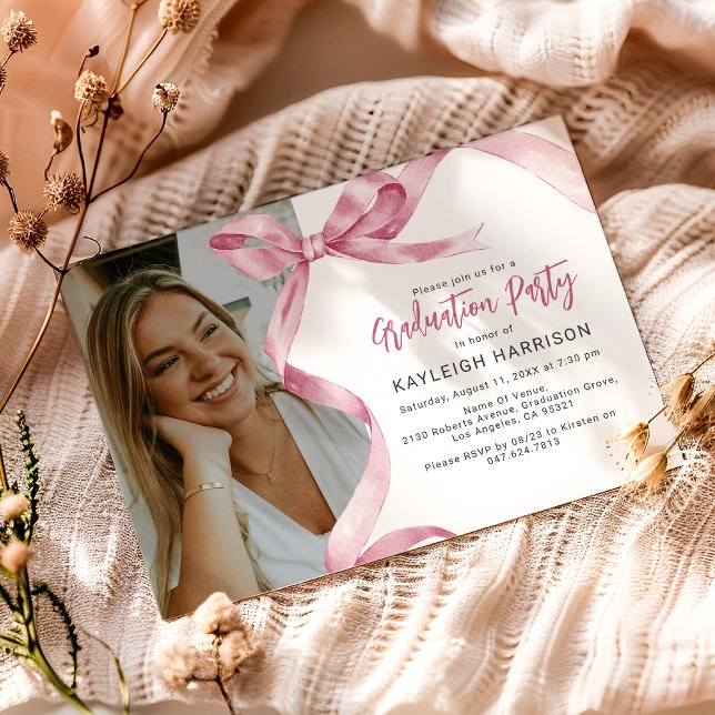 Convite de Graduação com Foto e Laço Rosa na Moda (Criador carregado)