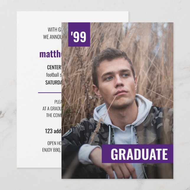 Convite de Graduação com Foto Moderno e Roxo em Ne (Frente/Verso)
