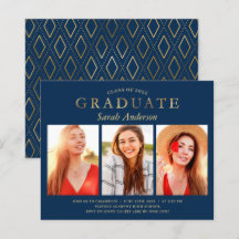 Convite de Graduação com Três Fotos em Ouro Marinh