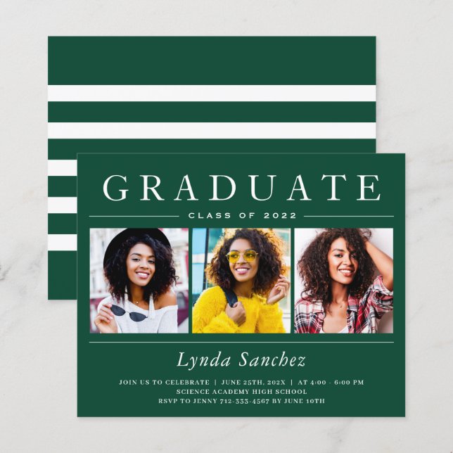 Convite de Graduação com Três Fotos Verde Branco (Frente/Verso)