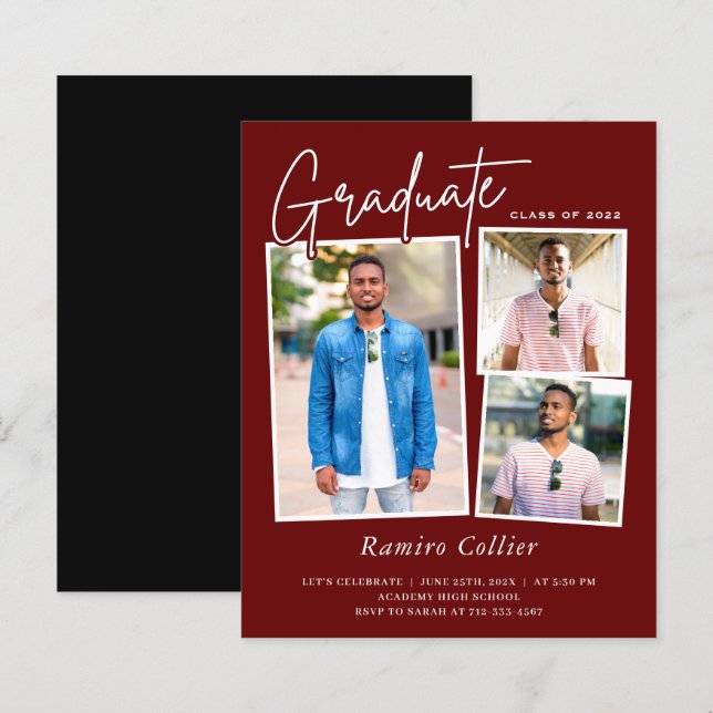 Convite de Graduação com Três Fotos Vermelho Escar (Frente/Verso)
